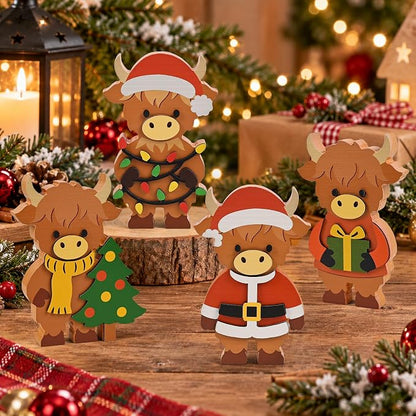 4 Pcs Christmas Highland Cow Figurines Decor, Christmas Cow Gifts