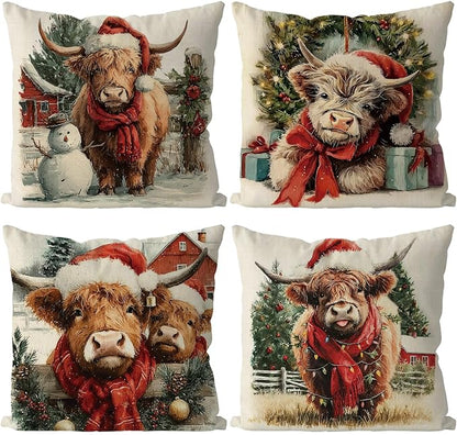 Christmas Pillow Covers Highland Cow Farmhouse Xmas Vintage Throw Pillows Covers