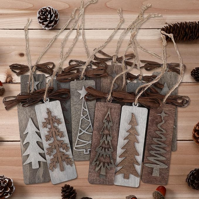 Geelin 12 Pcs Rustic Christmas Wooden Ornaments for Tree Gray Brown Vintage