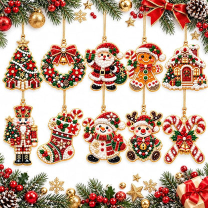 10Pcs DIY Pearl Diamond Art Christmas Ornaments Kit for Adults, Wooden Hanging