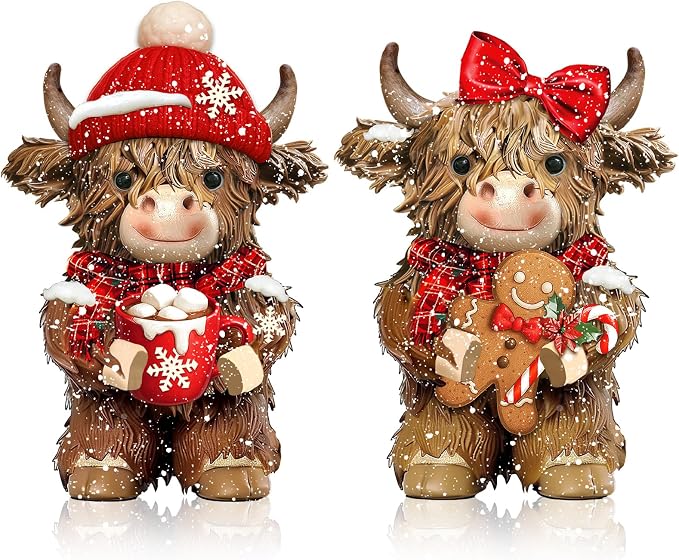 2 Pcs Christmas Highland Cow Figurines Decor, Christmas Cow Gifts