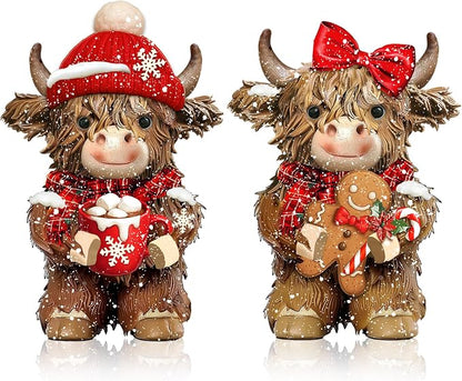 2 Pcs Christmas Highland Cow Figurines Decor, Christmas Cow Gifts