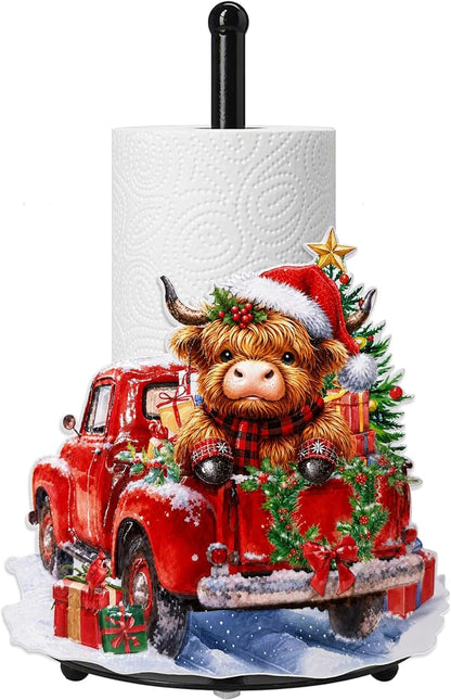 Christmas Highland Cow Paper Towel Holder, Farmhouse Xmas Kitchen Countertop