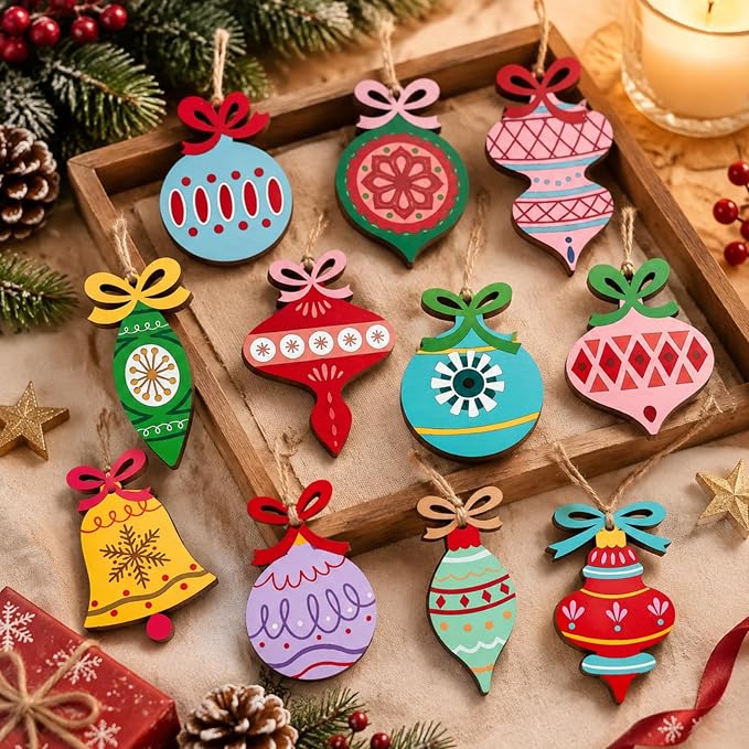 Amyhill 24 Pcs Vintage Wooden Christmas Tree Ornaments with Rope