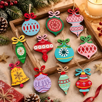 Amyhill 24 Pcs Vintage Wooden Christmas Tree Ornaments with Rope