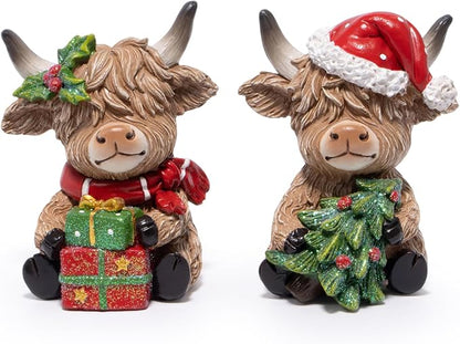 Hodao 2PCS Christmas Highland Cow Figurines, Xmas Holiday Mantel Decor