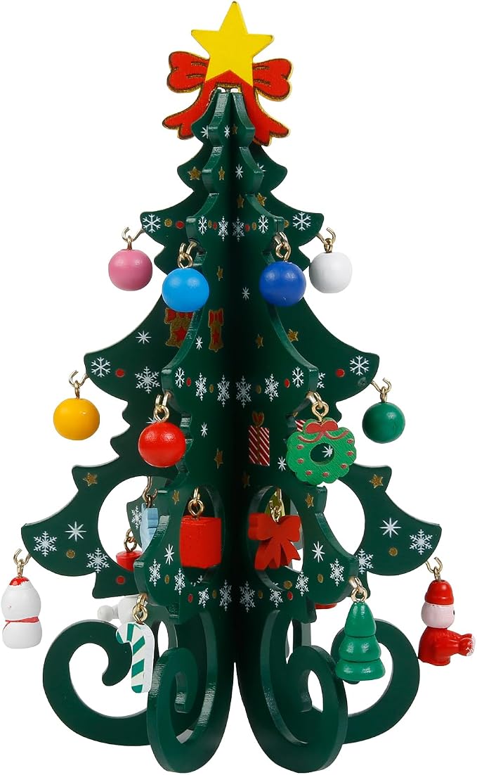 TEBIEKOY DIY Mini Wooden Christmas Tree with Ornaments Set, Cute 7 Inch Small