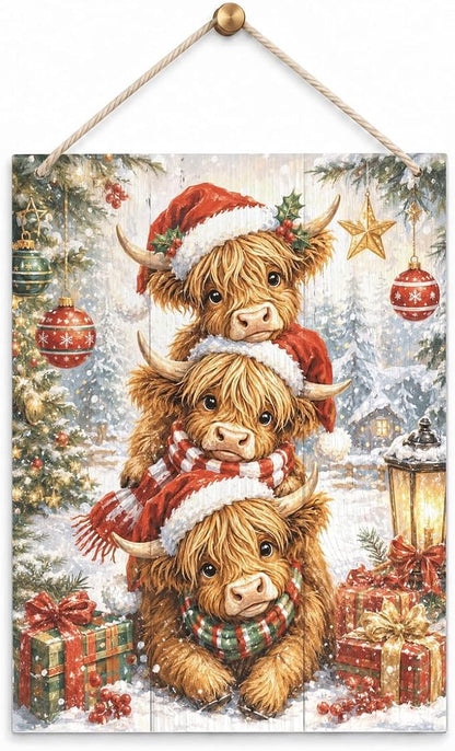 Christmas Highland Cow Sign, Cute Cattle Holiday Hanging Plaque Wall Decor