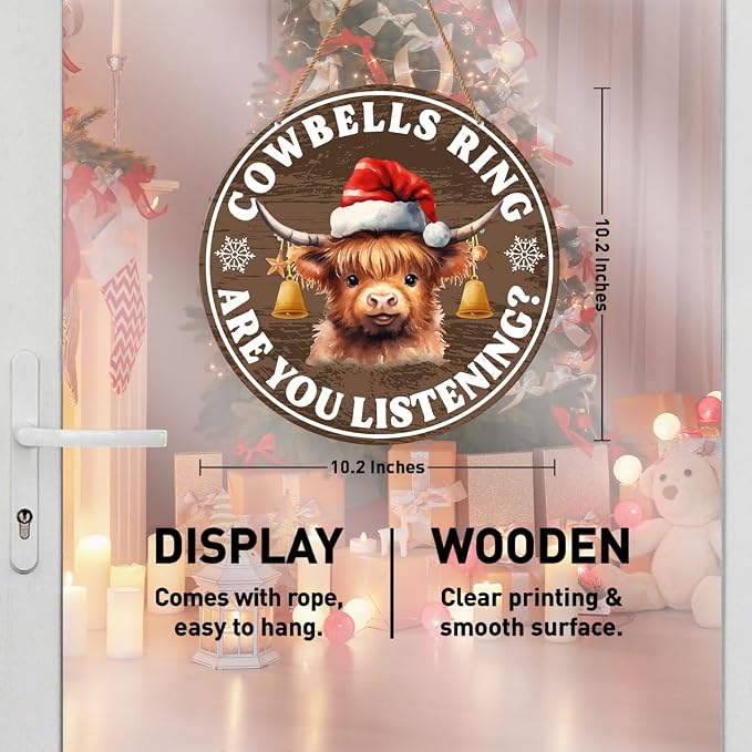 Christmas Sign for Front Door, Rustic Highland Cow Hanging Sign Wall Decor