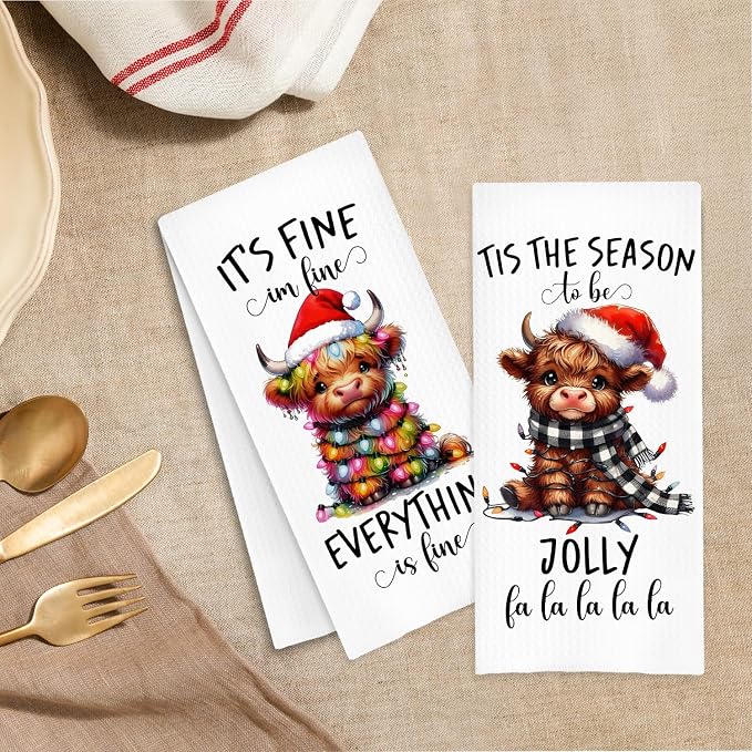 Funny Christmas Highland Cow Kitchen Towels, Highland Cow Christmas Decor