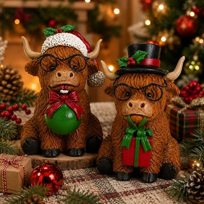 2Pcs Highland Cow Christmas Decor Figurines for Table, Shelf, Tray