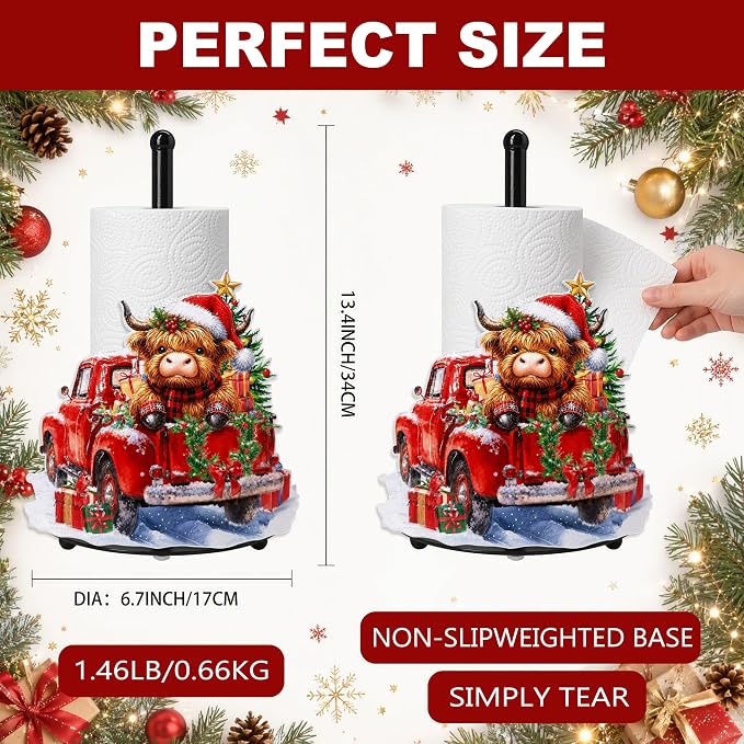 Christmas Highland Cow Paper Towel Holder, Farmhouse Xmas Kitchen Countertop