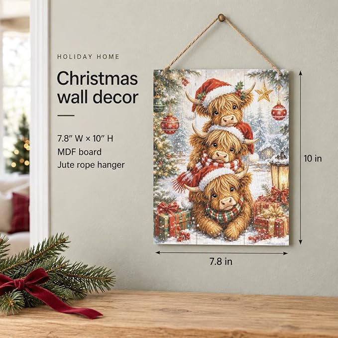 Christmas Highland Cow Sign, Cute Cattle Holiday Hanging Plaque Wall Decor