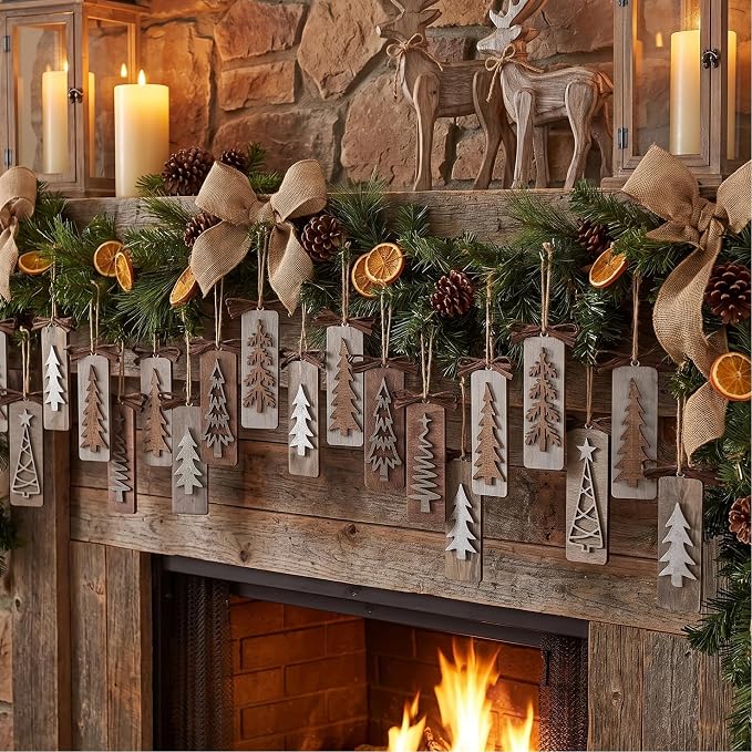 Geelin 12 Pcs Rustic Christmas Wooden Ornaments for Tree Gray Brown Vintage