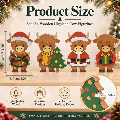 4 Pcs Christmas Highland Cow Figurines Decor, Christmas Cow Gifts
