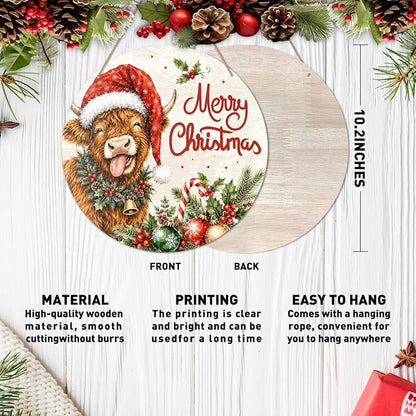 Highland Cow Christmas Decor Merry Christmas Door Sign Decor Xmas Wreath