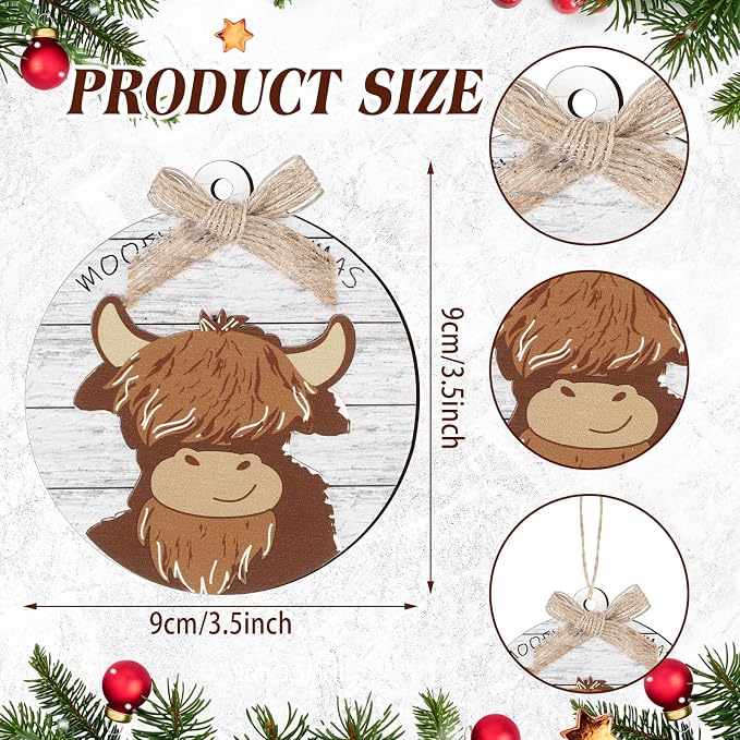 Geelin 12 Pcs Highland Cow Christmas Ornaments, 3D Wooden Tree Decorations