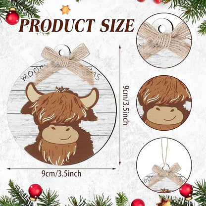 Geelin 12 Pcs Highland Cow Christmas Ornaments, 3D Wooden Tree Decorations