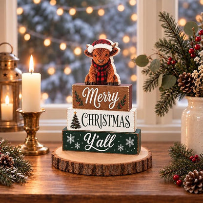 Highland Cow Christmas Tiered Tray Decor, Merry Christmas Wooden Block Sign