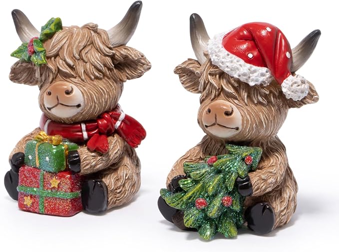 Hodao 2PCS Christmas Highland Cow Figurines, Xmas Holiday Mantel Decor