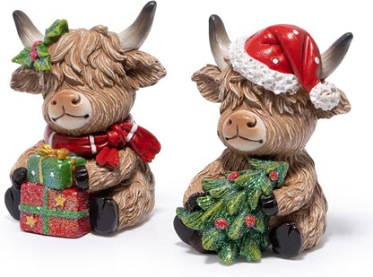 Hodao 2PCS Christmas Highland Cow Figurines, Xmas Holiday Mantel Decor