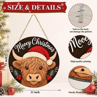 Highland Cow Christmas Wooden Sign, Christmas Wall Decor, Christmas Wreath