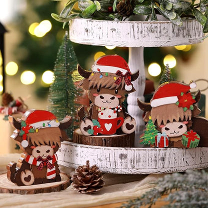 GlikCeil 3 Pcs Christmas Highland Cow Table Decorations Wood Centerpiece