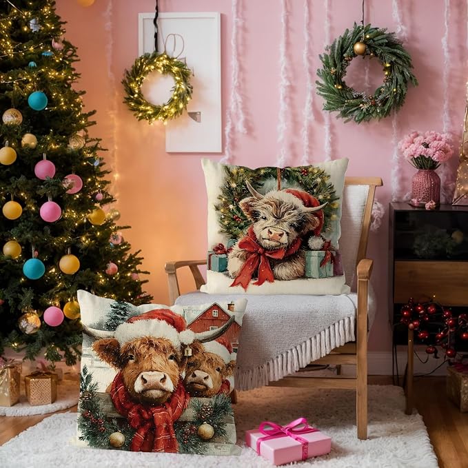 Christmas Pillow Covers Highland Cow Farmhouse Xmas Vintage Throw Pillows Covers