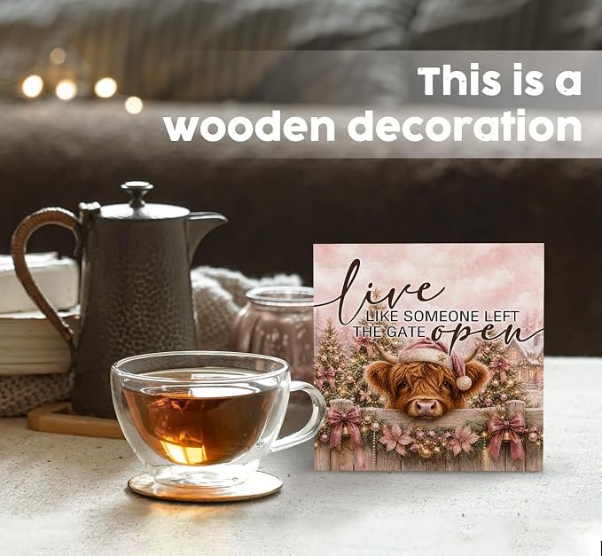 Pink Highland Cow Christmas Wooden Box Signs, Pink Christmas Decor
