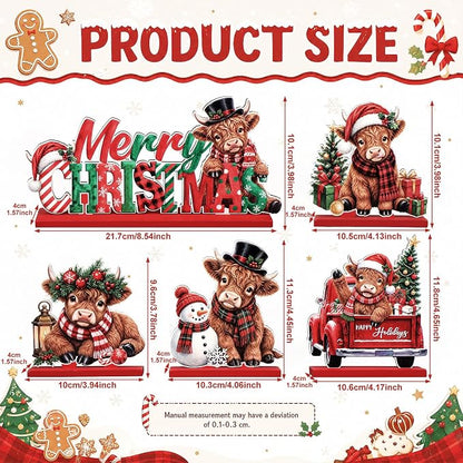 Sliner 5 Pcs Christmas Highland Cow Table Signs Wooden Tabletop Decor
