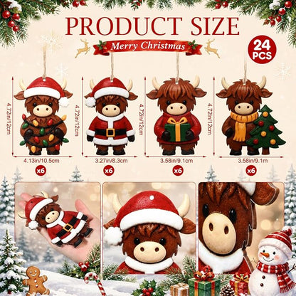 24 Pcs Highland Cow Christmas Ornaments Wooden Farmhouse Tree Decorations