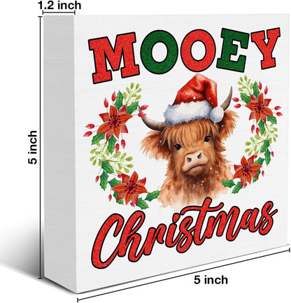 Christmas Highland Cow Decorations Mooey Christmas Wooden Box Sign for Winter