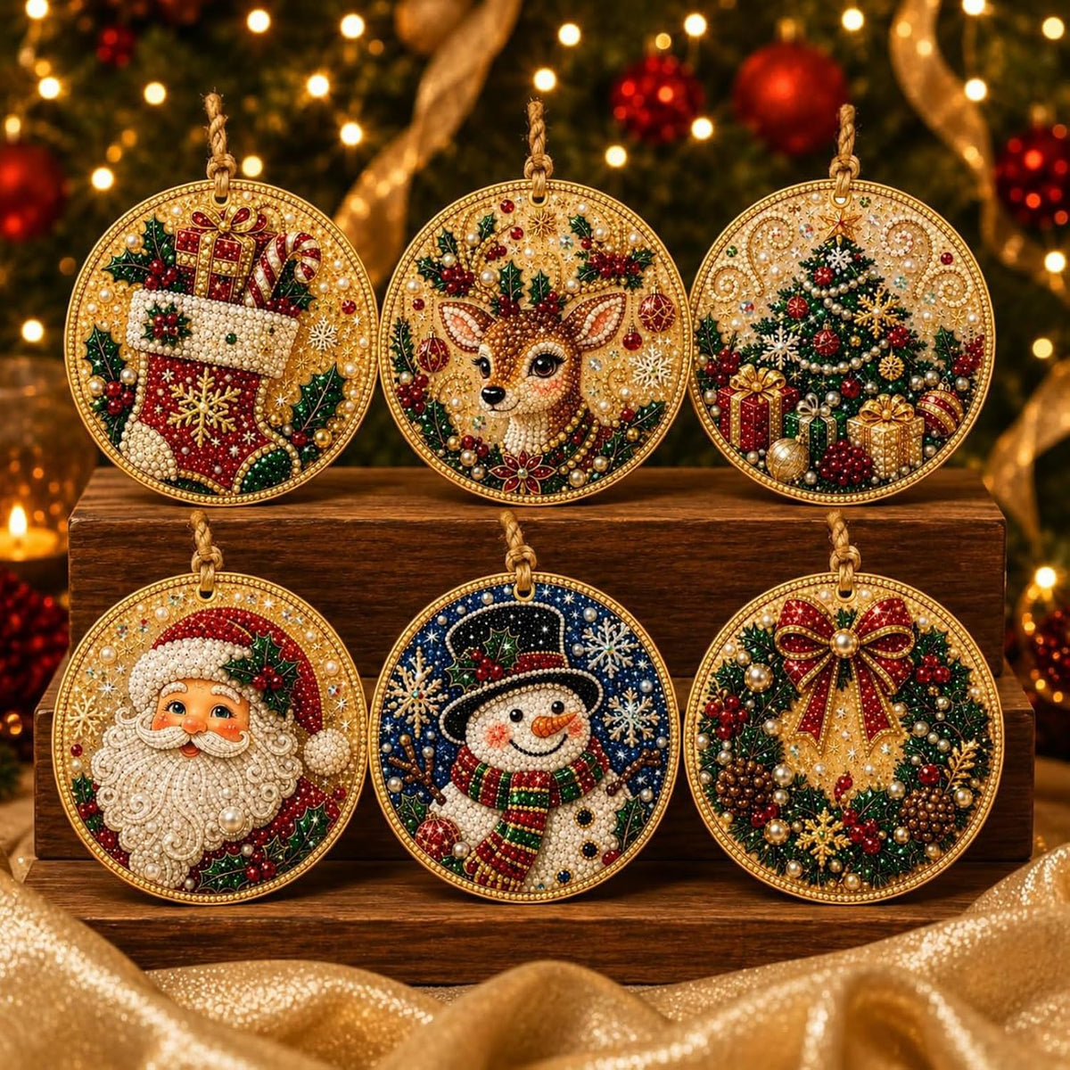 iekufes DIY Diamond Art Christmas Wooden Ornaments Kit 6 Pack
