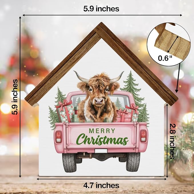 Pink Christmas Highland Cow Decor Merry Christmas Highland Cow House Shaped Wood