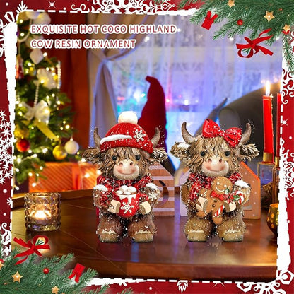 2 Pcs Christmas Highland Cow Figurines Decor, Christmas Cow Gifts