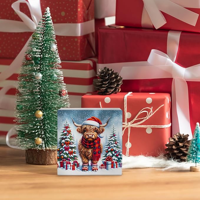 Christmas Highland Cow Wooden Sign - Western Highland Cow Wooden Box Sign, Christmas Highland Cow Sign Christmas Sign For Highland Cow Lover Gifts,5x5 Inch
