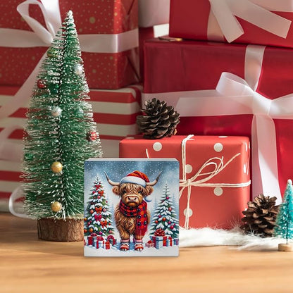 Christmas Highland Cow Wooden Sign - Western Highland Cow Wooden Box Sign, Christmas Highland Cow Sign Christmas Sign For Highland Cow Lover Gifts,5x5 Inch