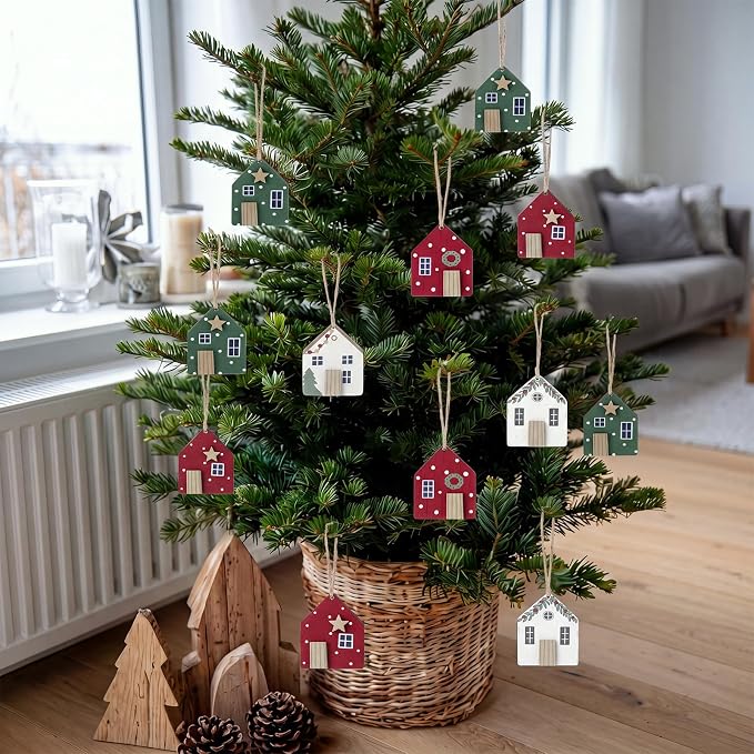 10 Pcs Christmas Wooden House Ornaments Rustic Farmhouse Wood Village Cabin