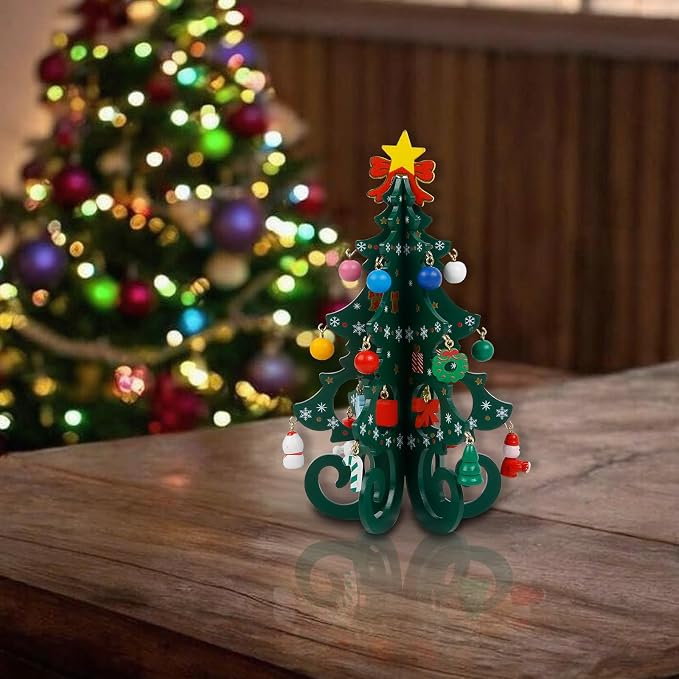 TEBIEKOY DIY Mini Wooden Christmas Tree with Ornaments Set, Cute 7 Inch Small