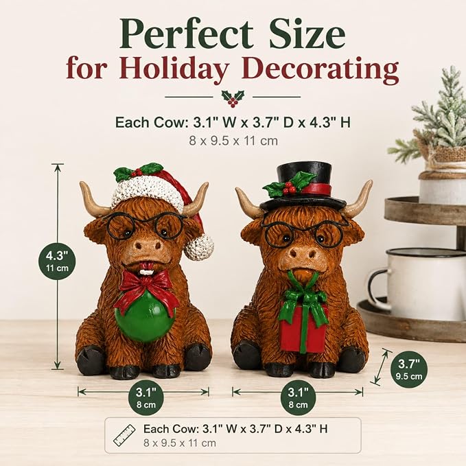 2Pcs Highland Cow Christmas Decor Figurines for Table, Shelf, Tray