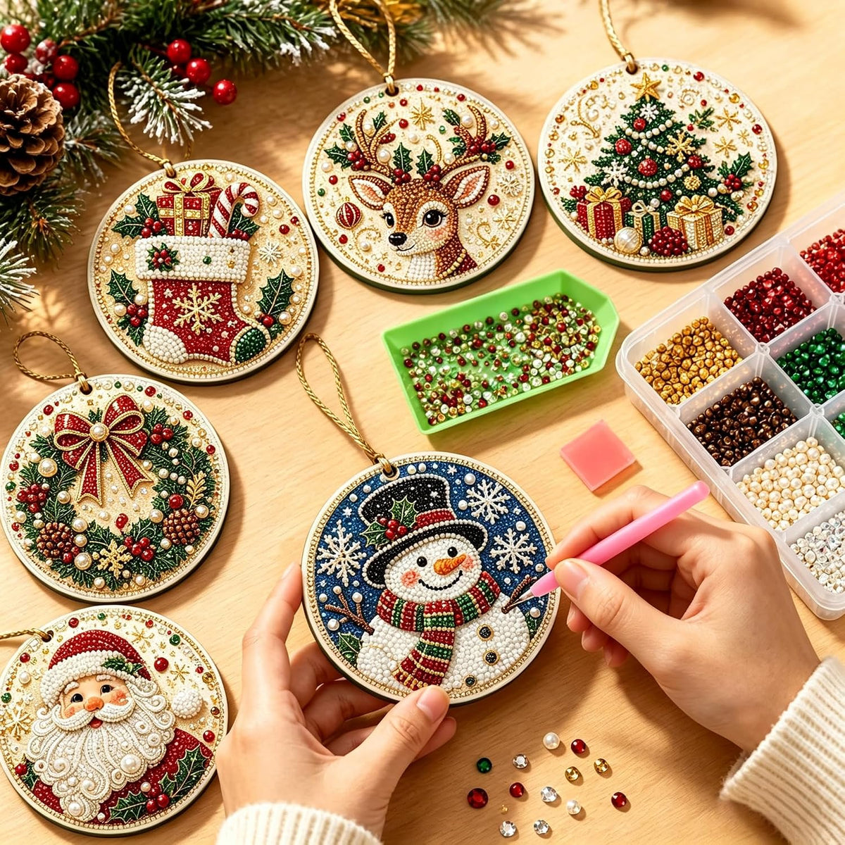 iekufes DIY Diamond Art Christmas Wooden Ornaments Kit 6 Pack
