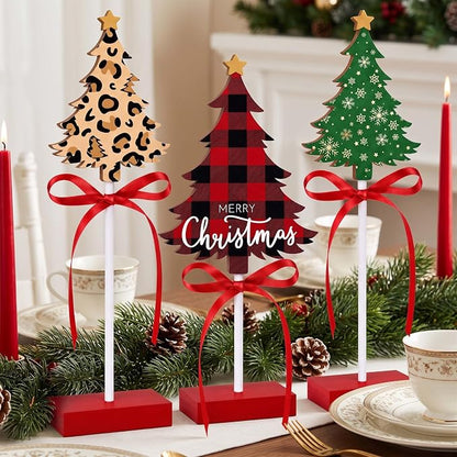Lazy time 3Pcs Christmas Table Centerpieces Wooden Tree Set Leopard