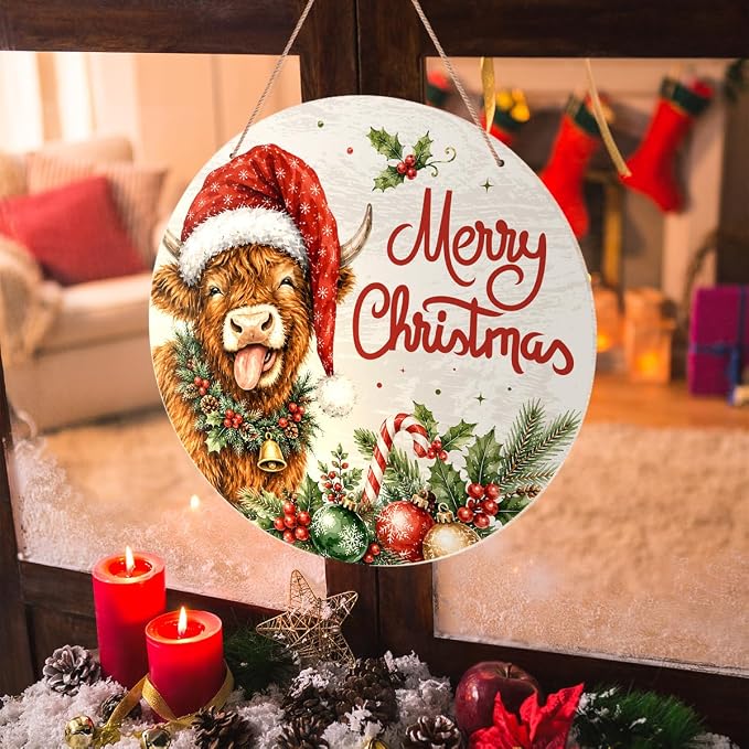 Highland Cow Christmas Decor Merry Christmas Door Sign Decor Xmas Wreath