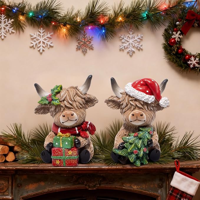 Hodao 2PCS Christmas Highland Cow Figurines, Xmas Holiday Mantel Decor