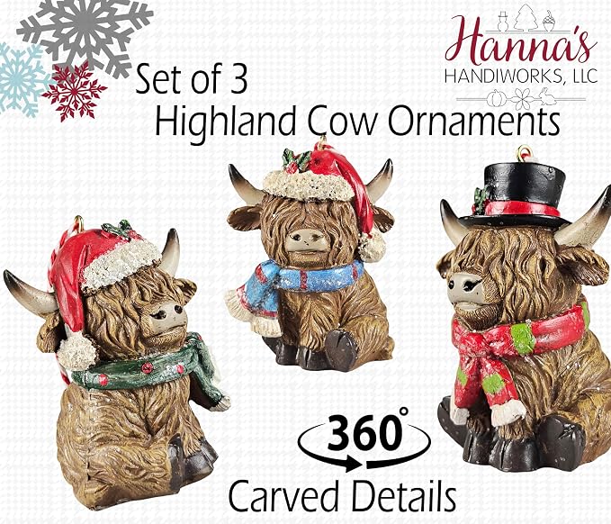 Hanna's Handiworks Scottish Highland Cows Hanging Christmas Ornaments -Set of 3