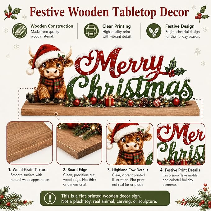 Highland Cow Christmas Decorations Indoor Wooden Table Sign