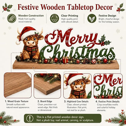 Highland Cow Christmas Decorations Indoor Wooden Table Sign
