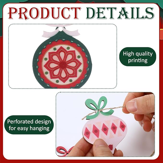 Amyhill 24 Pcs Vintage Wooden Christmas Tree Ornaments with Rope