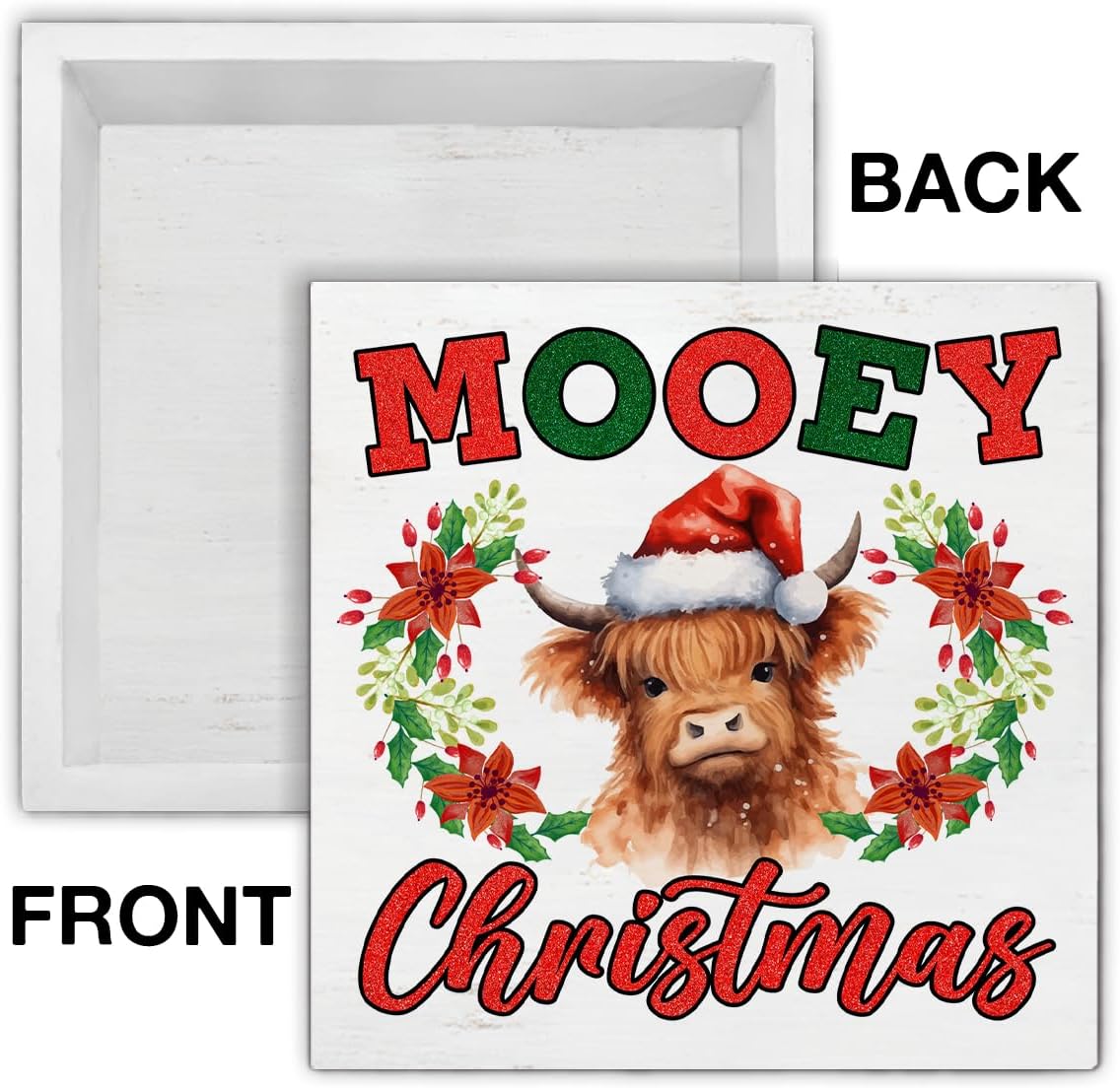 Christmas Highland Cow Decorations Mooey Christmas Wooden Box Sign for Winter