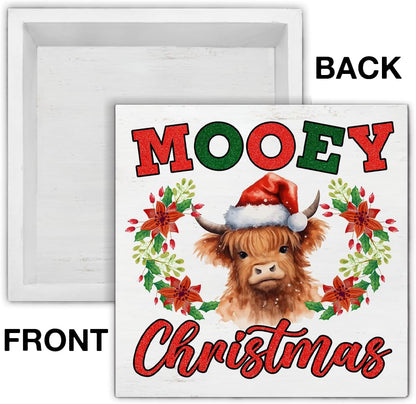 Christmas Highland Cow Decorations Mooey Christmas Wooden Box Sign for Winter